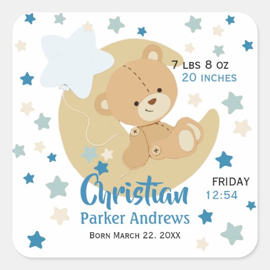 Adorable Teddy Bear Baby Boy Birth Stats Quadratischer Aufkleber (Vorderseite)