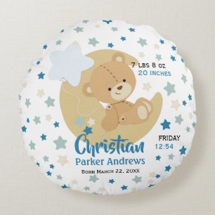 Adorable Teddy Bear Baby Boy Birth Stats Rundes Kissen