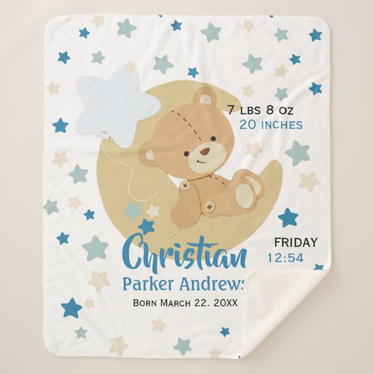 Adorable Teddy Bear Baby Boy Birth Stats Sherpadecke (Vorderseite)