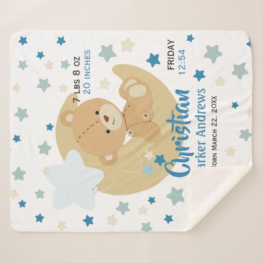 Adorable Teddy Bear Baby Boy Birth Stats Sherpadecke (Vorderseite (Horizontal))