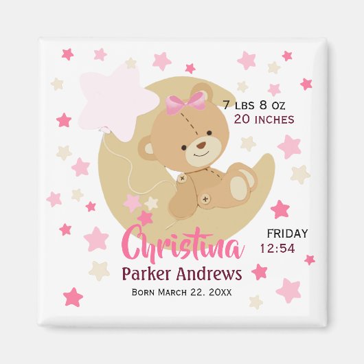 Adorable Teddy Bear Baby Girl Birth Stats Magnet (Vorne)