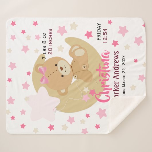 Adorable Teddy Bear Baby Girl Birth Stats Sherpadecke (Vorderseite (Horizontal))