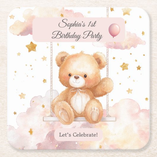Adorable Teddy Bear Birthday – Custom Coaster Rechteckiger Pappuntersetzer (Vorderseite)