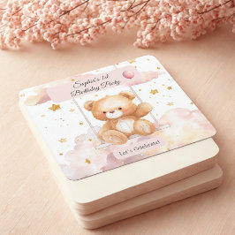 Adorable Teddy Bear Birthday – Custom Coaster Rechteckiger Pappuntersetzer