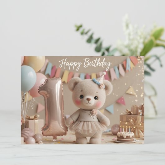 Adorable Teddy Bear First Birthday Invitation Einladung (Stehend Vorderseite)