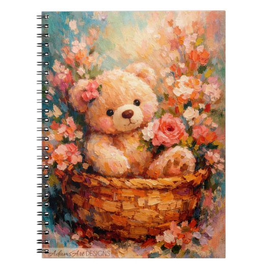 Adorable Teddy Bear in Floral Basket Impressionist Notizblock (Vorderseite)