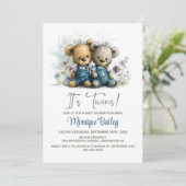 Adorable Teddy Bear Twins Baby Shower Einladung (Stehend Vorderseite)