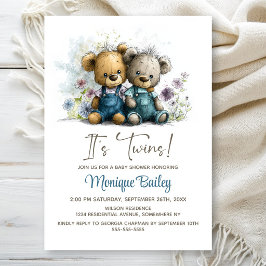 Adorable Teddy Bear Twins Baby Shower Einladung