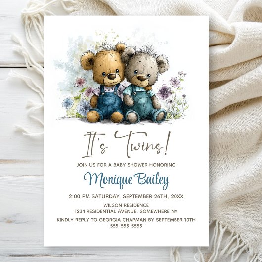 Adorable Teddy Bear Twins Baby Shower Einladung