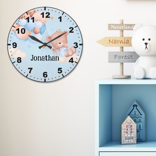 Adorable Teddy Bear with Balloons Große Wanduhr