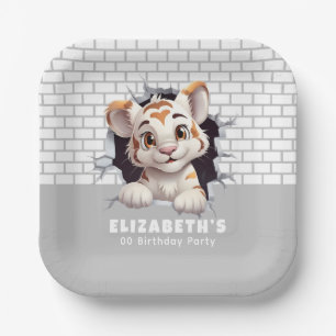 Adorable Tiger Cub Peeking Out Light Gray Party Pappteller