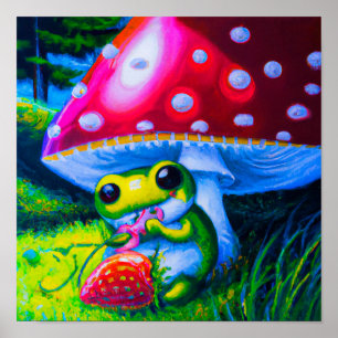 Adorable Tree Frog aß eine Erdbeere Poster