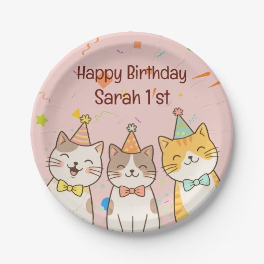 Adorable Trio of Birthday Cats | Custom Name & Age Pappteller (Vorderseite)