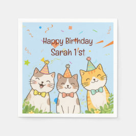 Adorable Trio of Birthday Cats | Custom Name & Age Serviette