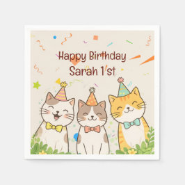Adorable Trio of Birthday Cats | Custom Name & Age Serviette