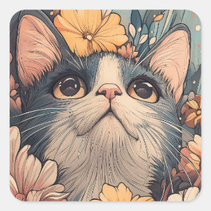 Adorable Tuxedo Katze und Blume Quadratischer Aufkleber