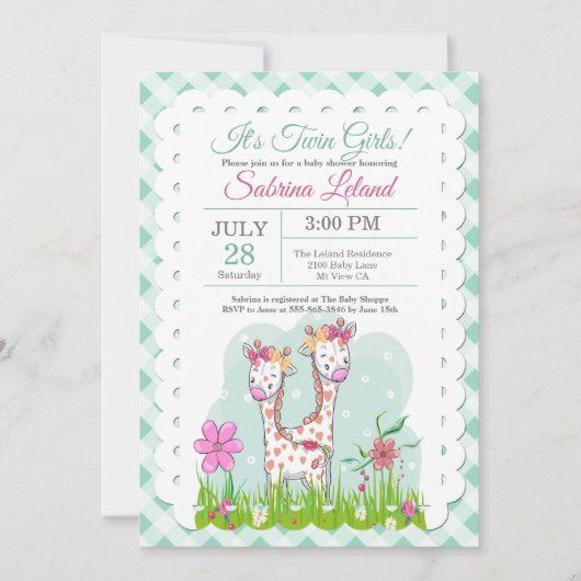 Adorable Twin Girls Giraffen Baby Dusche Einladung (Vorderseite)