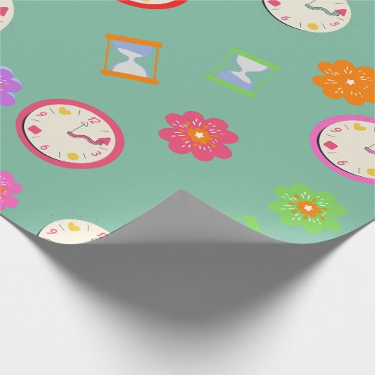 Adorable Uhren und Blume grünes Party Geschenkpapier (Ecke)