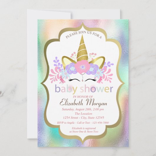 Adorable Unicorn, Blütendusche, Holographische Bab Einladung (Vorderseite)