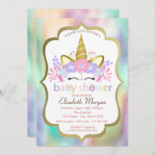 Adorable Unicorn, Blütendusche, Holographische Bab Einladung (Vorne/Hinten)