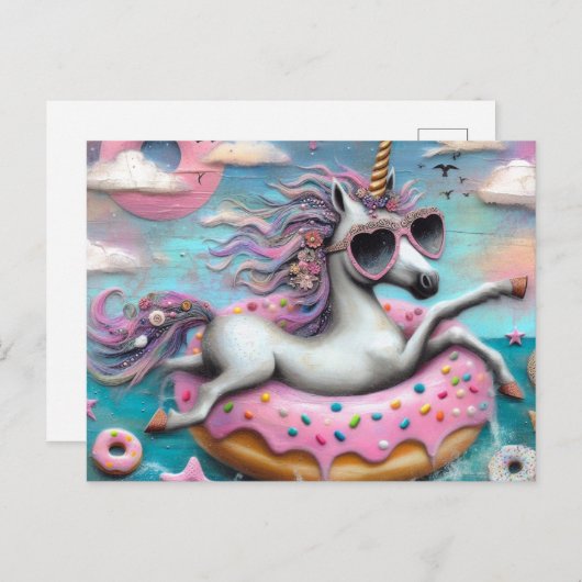 Adorable Unicorn, die auf einem glänzenden Doughnu Postkarte (Vorne/Hinten)