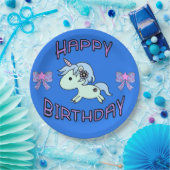 Adorable Unicorn Happy Birthday Ribbon Star Pappteller (Party)
