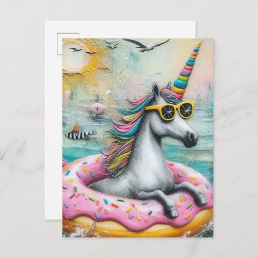 Adorable Unicorn schwebend in einem glänzenden Dou Postkarte (Vorne/Hinten)