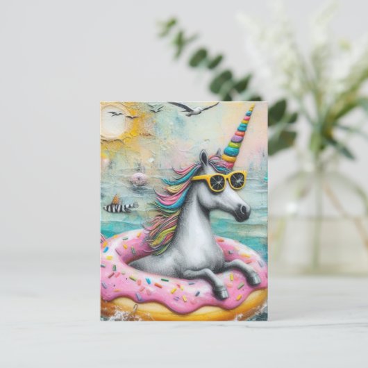Adorable Unicorn schwebend in einem glänzenden Dou Postkarte (Stehend Vorderseite)