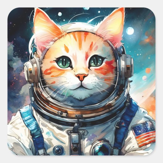 Adorable US Astronautenkatze Quadratischer Aufkleber (Vorderseite)