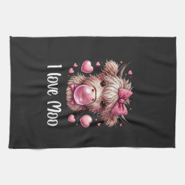 Adorable Valentine Highland Cow (weißer Text) Geschirrtuch