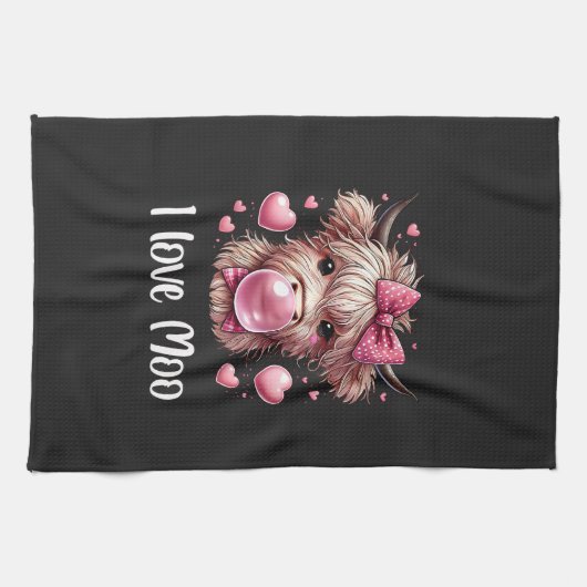 Adorable Valentine Highland Cow (weißer Text) Geschirrtuch (Horizontal)