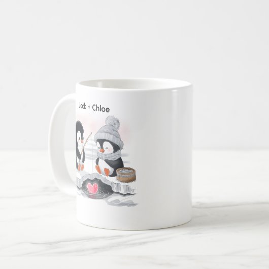 Adorable Valentine Wasserfarbe Ice Angeln Pinguine Kaffeetasse (Vorderseite Links)