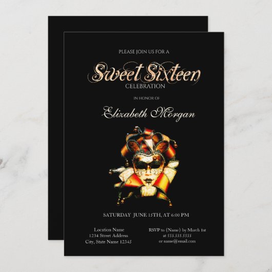Adorable Venezian Masque Schwarz Sweet 16 Einladun Einladung (Vorne/Hinten)