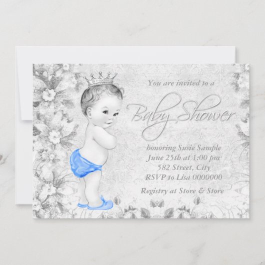 Adorable Vintag Boys Blue and Gray Baby Shower Einladung (Vorderseite)