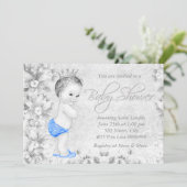 Adorable Vintag Boys Blue and Gray Baby Shower Einladung (Stehend Vorderseite)