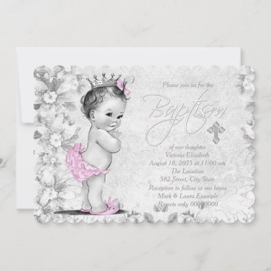 Adorable Vintage Prinzessin Rosa und Graue Taufe Einladung (Vorderseite)