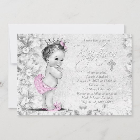 Adorable Vintage Rosa und Graue Taufe Einladung (Vorderseite)