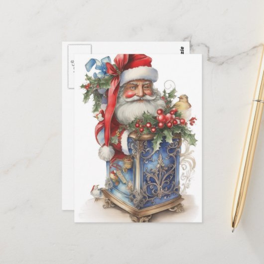 Adorable Vintage Santa and Blue Box Postkarte (Vorderseite/Rückseite Beispiel)