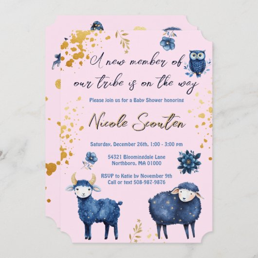 Adorable Waldtiere Tiere Rosa & Navy Blauer Galaxi Einladung (Vorne/Hinten)