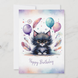 Adorable Watercolor Black Kitten Happy Birthday Feiertagskarte