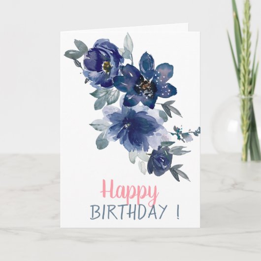 Adorable Watercolor Blue Blumen Geburtstag Karte (Vorderseite)