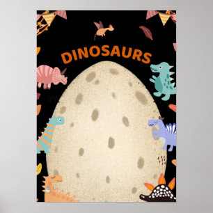 Adorable Watercolor Dinosaurs with Large Dino Egg  Poster