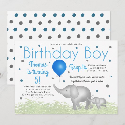 Adorable Watercolor Elephants Boy Birthday Party Einladung (Vorne/Hinten)