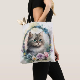 ADORABLE WATERCOLOR GRAU TABBY KITTEN BLUME TASCHE