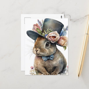 Adorable Watercolor Kaninchen mit einem Hut Postkarte
