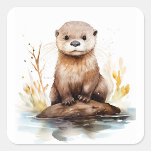 Adorable Watercolor Otter Quadratischer Aufkleber