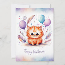 Adorable Watercolor Red Kitten Happy Birthday