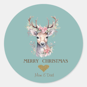 Adorable Watercolor Rentier Holly Berry, Herz Runder Aufkleber