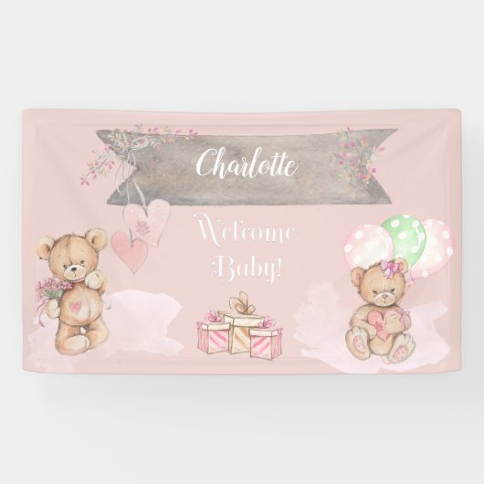 Adorable Watercolor Teddy Bear Baby Dusche Banner (Horizontal)