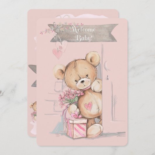 Adorable Watercolor Teddy Bear Baby Dusche Einladung (Vorne/Hinten)